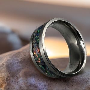 Stainless Steel Ring with Opal Stones - Size 9